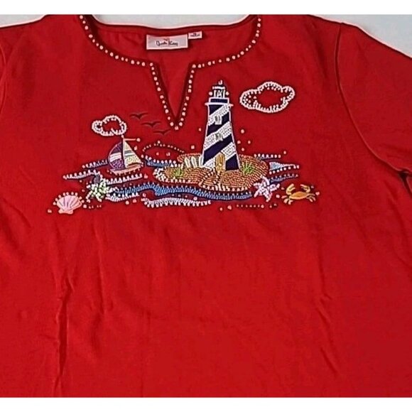Quaker Factory Top XL Red Lighthouse Nautical Beaded Rhinestone Embroider Themed - Picture 1 of 12